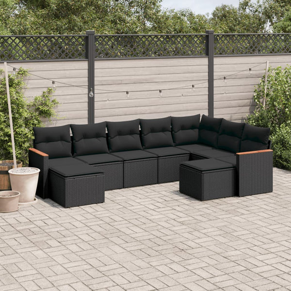 9-tlg. Garten-Sofagarnitur mit Kissen Schwarz Poly Rattan