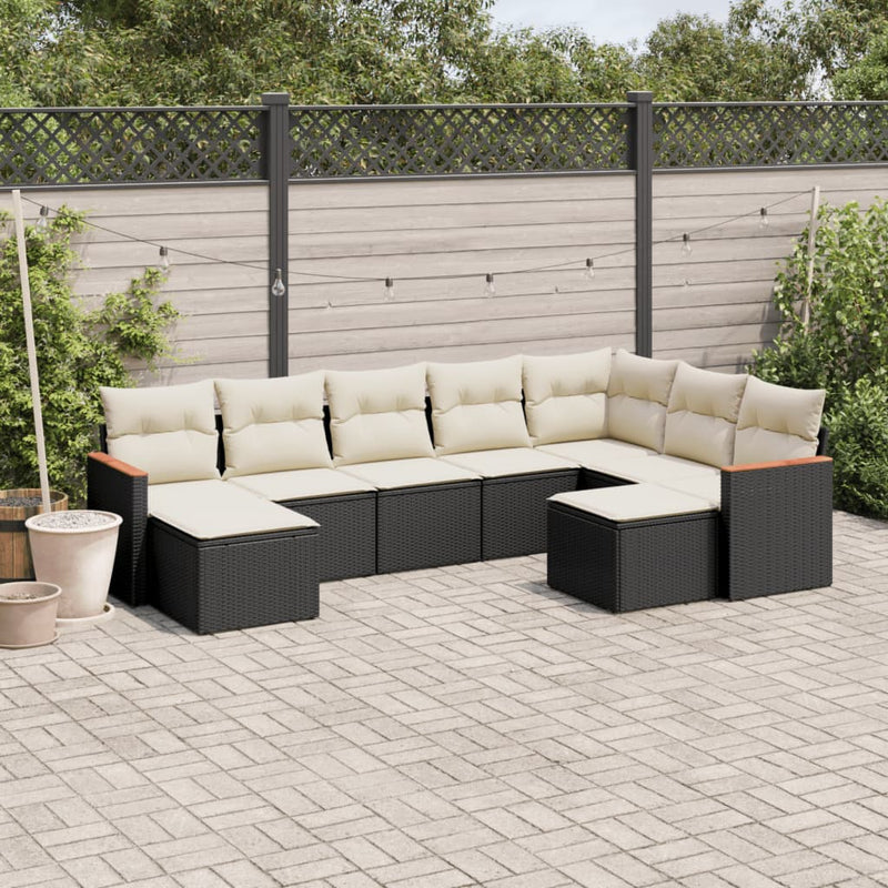 9-tlg. Garten-Sofagarnitur mit Kissen Schwarz Poly Rattan