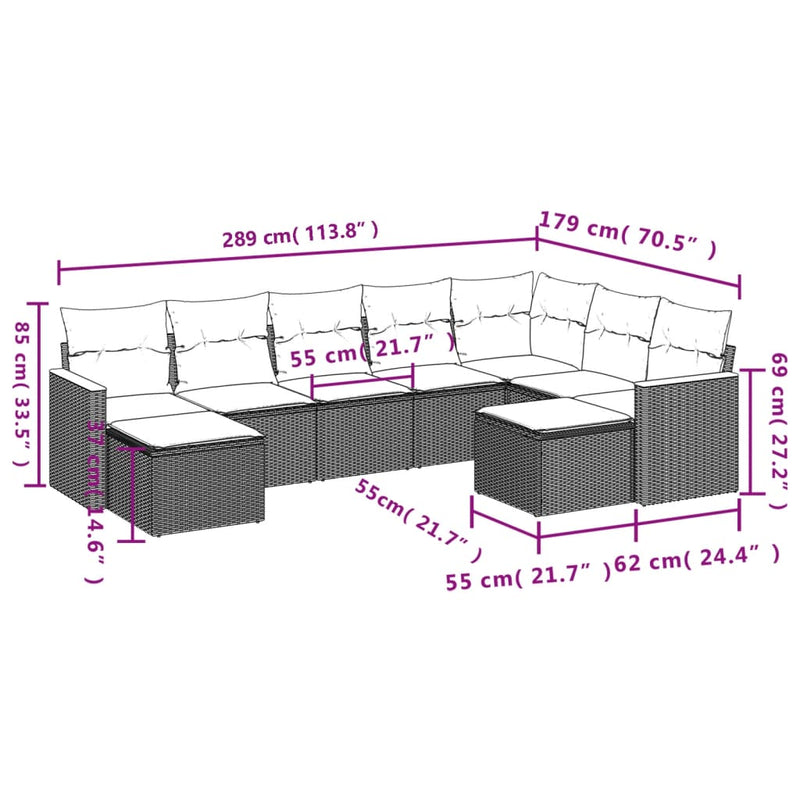 9-tlg. Garten-Sofagarnitur mit Kissen Beige Poly Rattan