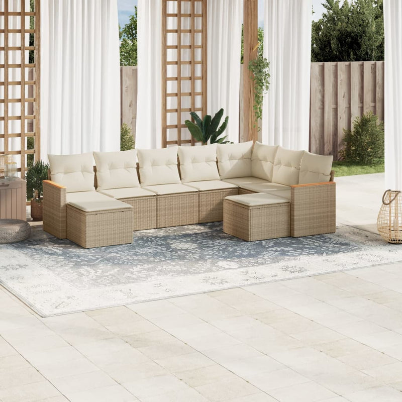 9-tlg. Garten-Sofagarnitur mit Kissen Beige Poly Rattan