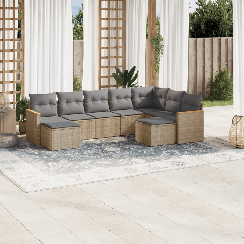 9-tlg. Garten-Sofagarnitur mit Kissen Beige Poly Rattan