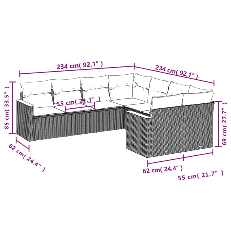 8-tlg. Garten-Sofagarnitur mit Kissen Schwarz Poly Rattan