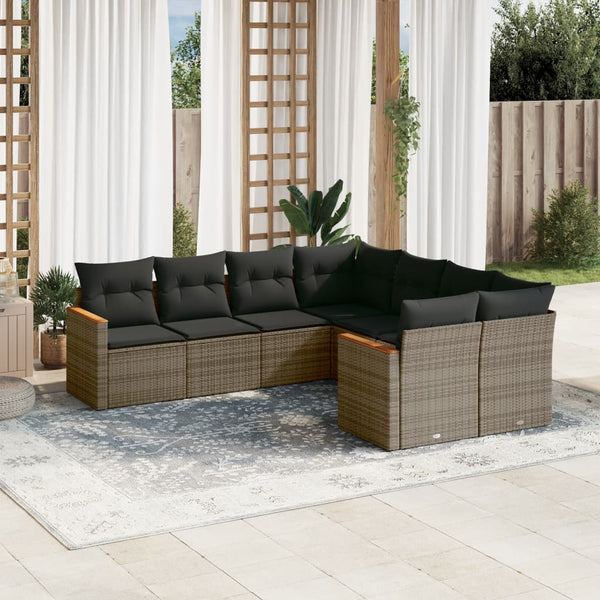 8-tlg. Garten-Sofagarnitur mit Kissen Grau Poly Rattan