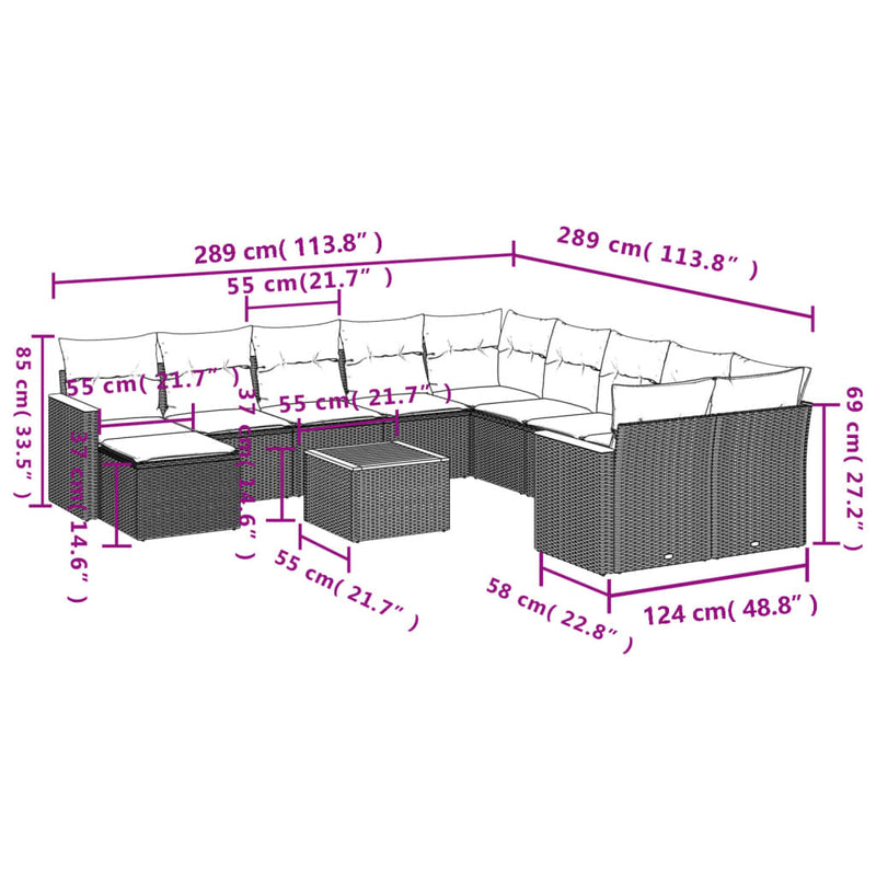 12-tlg. Garten-Sofagarnitur mit Kissen Schwarz Poly Rattan