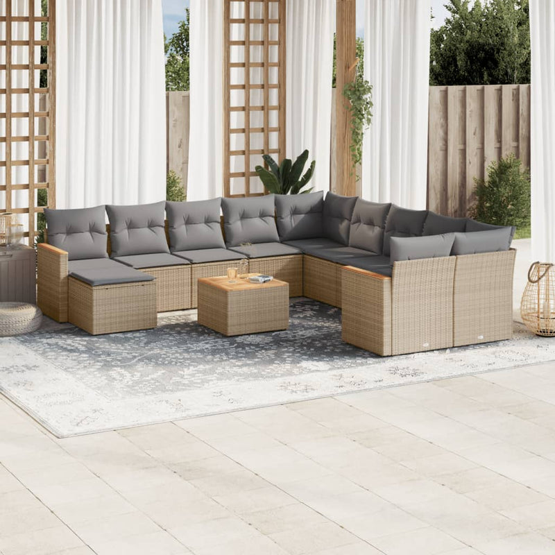 12-tlg. Garten-Sofagarnitur mit Kissen Beige Poly Rattan