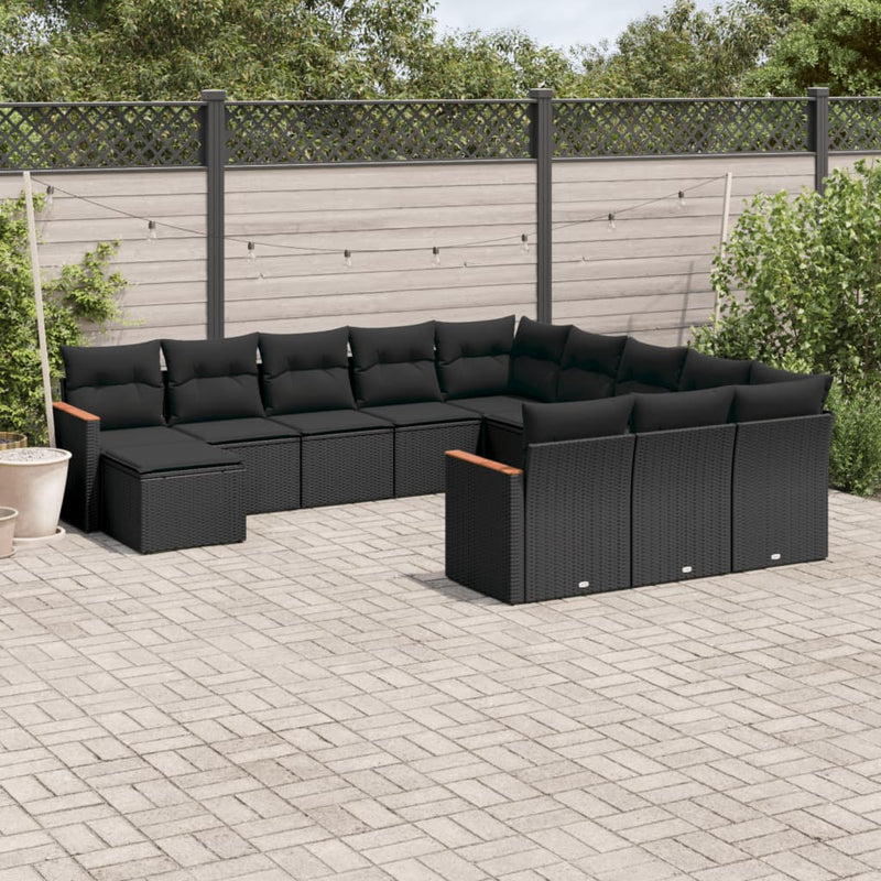 12-tlg. Garten-Sofagarnitur mit Kissen Schwarz Poly Rattan