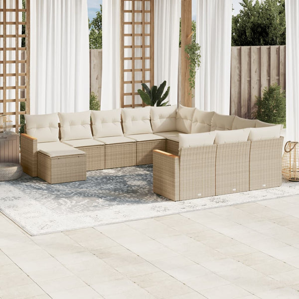 12-tlg. Garten-Sofagarnitur mit Kissen Beige Poly Rattan