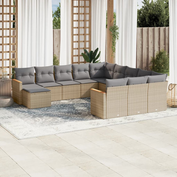 12-tlg. Garten-Sofagarnitur mit Kissen Beige Poly Rattan