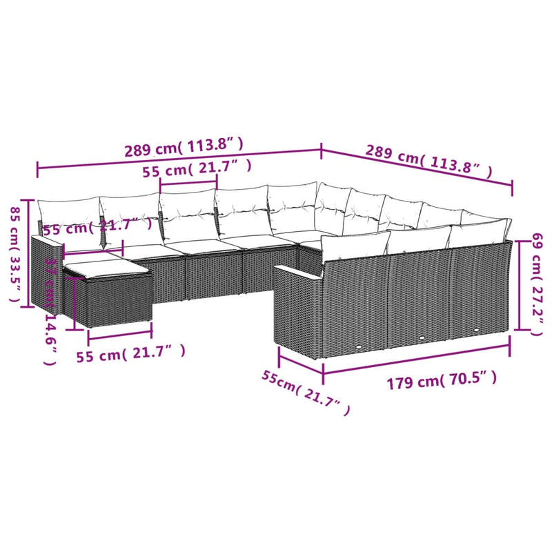 12-tlg. Garten-Sofagarnitur mit Kissen Grau Poly Rattan