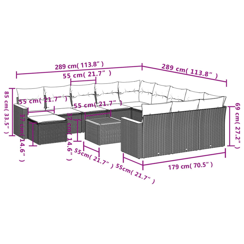 13-tlg. Garten-Sofagarnitur mit Kissen Schwarz Poly Rattan