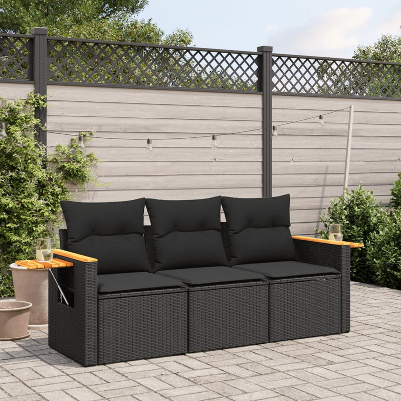 3-tlg. Garten-Sofagarnitur mit Kissen Schwarz Poly Rattan