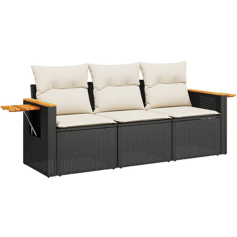 3-tlg. Garten-Sofagarnitur mit Kissen Schwarz Poly Rattan