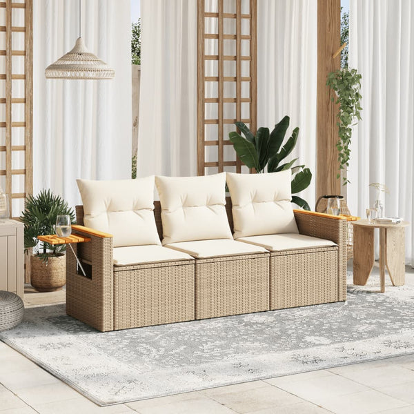 3-tlg. Garten-Sofagarnitur mit Kissen Beige Poly Rattan