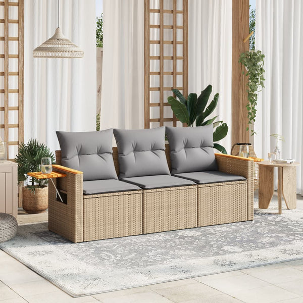 3-tlg. Garten-Sofagarnitur mit Kissen Beige Poly Rattan