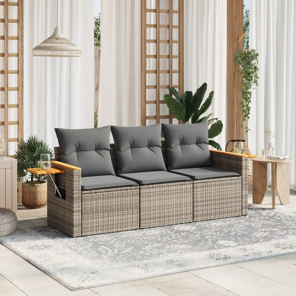 3-tlg. Garten-Sofagarnitur mit Kissen Grau Poly Rattan