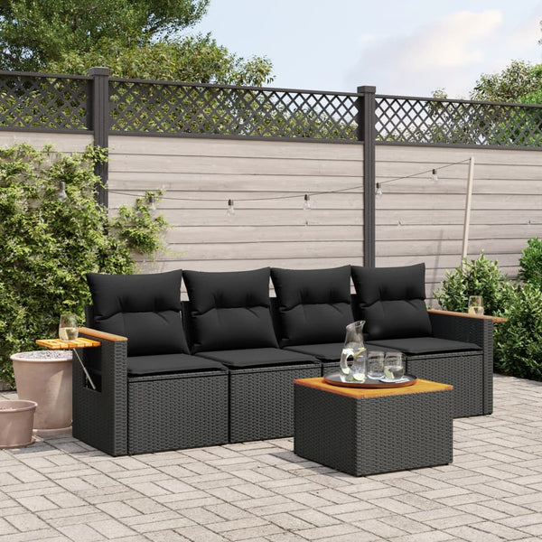 5-tlg. Garten-Sofagarnitur mit Kissen Schwarz Poly Rattan