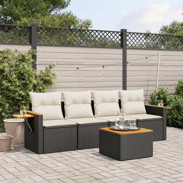 5-tlg. Garten-Sofagarnitur mit Kissen Schwarz Poly Rattan