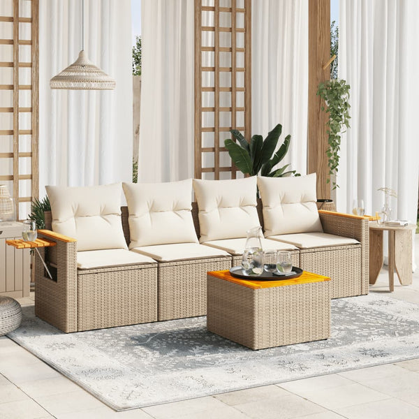 5-tlg. Garten-Sofagarnitur mit Kissen Beige Poly Rattan