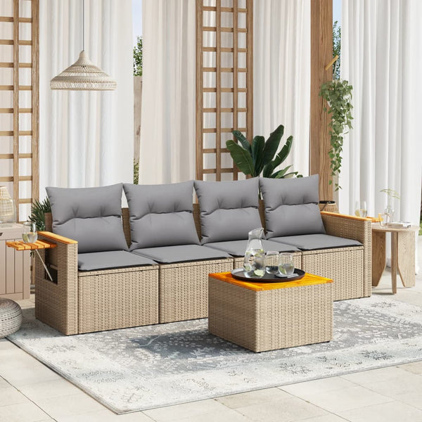 5-tlg. Garten-Sofagarnitur mit Kissen Beige Poly Rattan