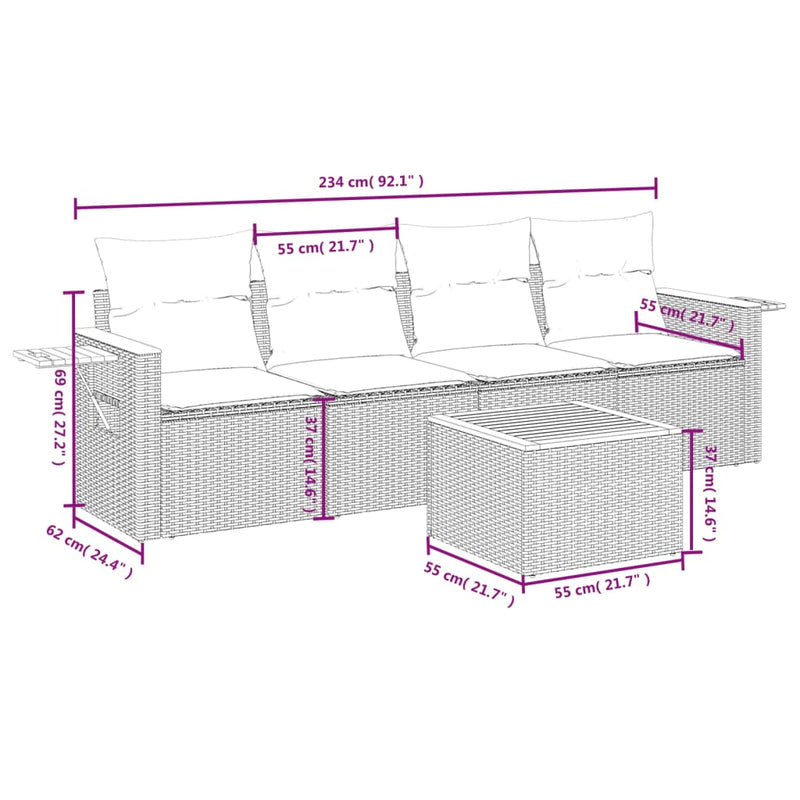 5-tlg. Garten-Sofagarnitur mit Kissen Grau Poly Rattan