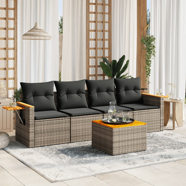 5-tlg. Garten-Sofagarnitur mit Kissen Grau Poly Rattan