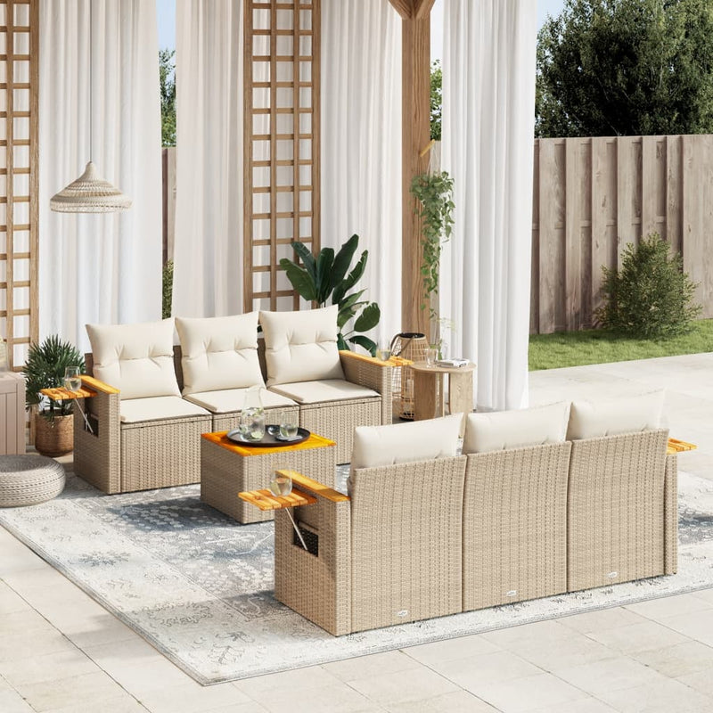 7-tlg. Garten-Sofagarnitur mit Kissen Beige Poly Rattan