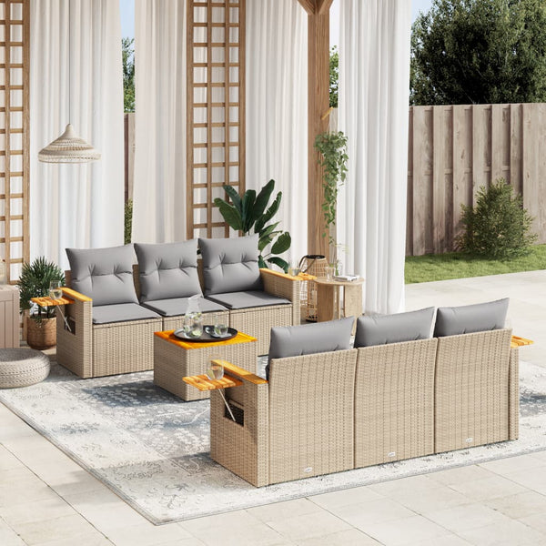 7-tlg. Garten-Sofagarnitur mit Kissen Beige Poly Rattan