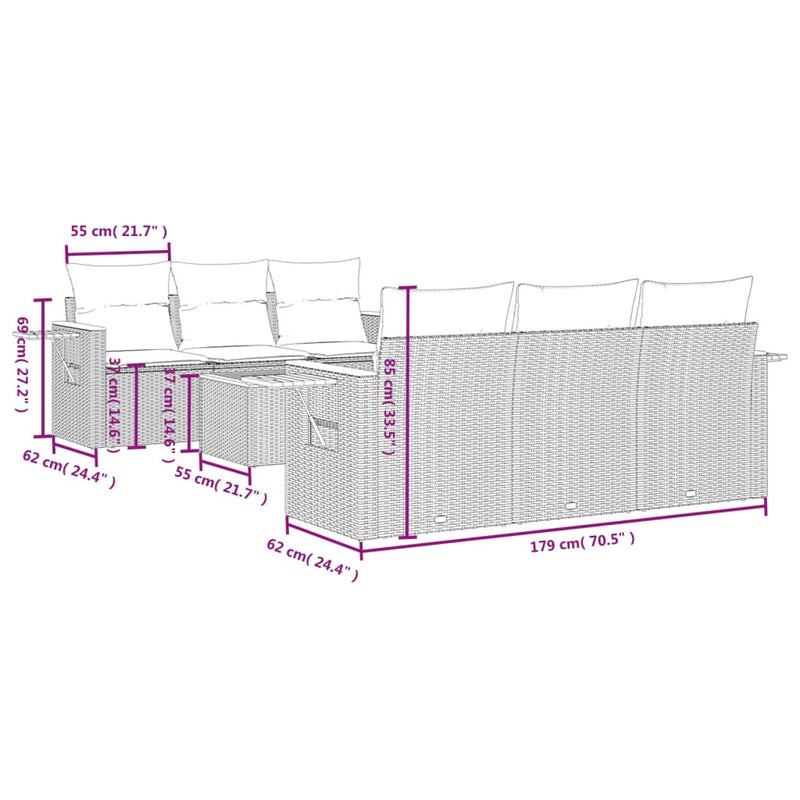 7-tlg. Garten-Sofagarnitur mit Kissen Grau Poly Rattan