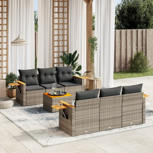 7-tlg. Garten-Sofagarnitur mit Kissen Grau Poly Rattan