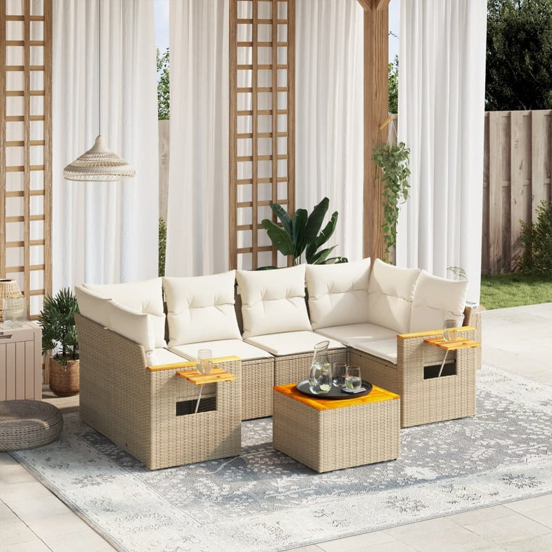 7-tlg. Garten-Sofagarnitur mit Kissen Beige Poly Rattan