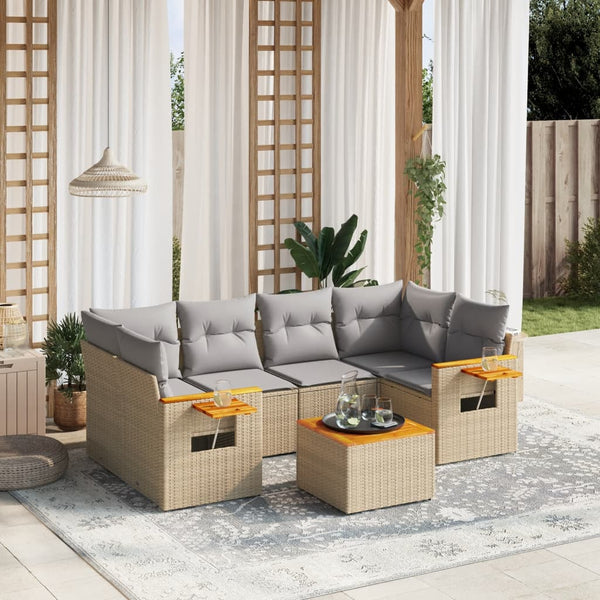 7-tlg. Garten-Sofagarnitur mit Kissen Beige Poly Rattan