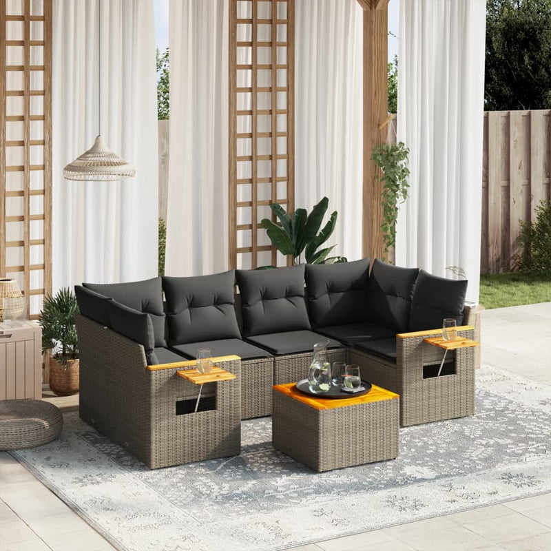 7-tlg. Garten-Sofagarnitur mit Kissen Grau Poly Rattan