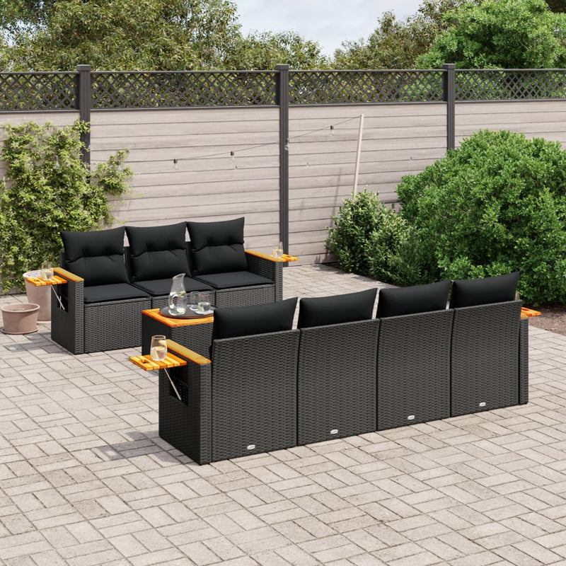 8-tlg. Garten-Sofagarnitur mit Kissen Schwarz Poly Rattan