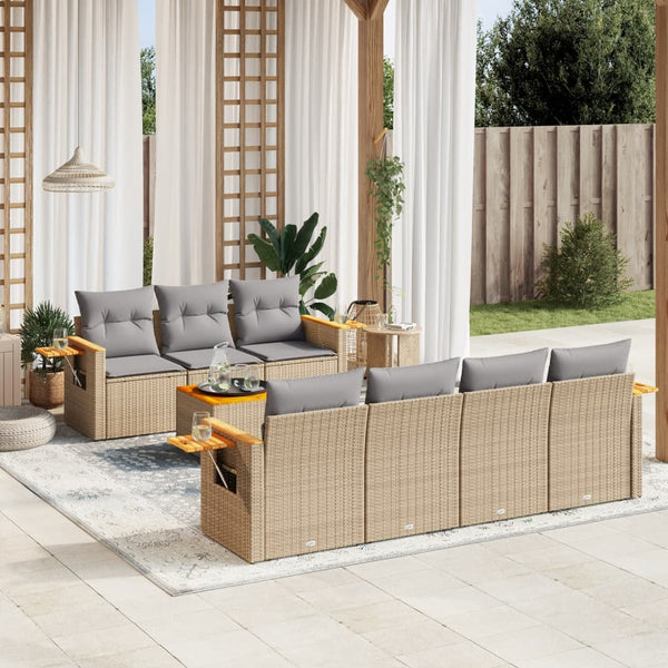 8-tlg. Garten-Sofagarnitur mit Kissen Beige Poly Rattan