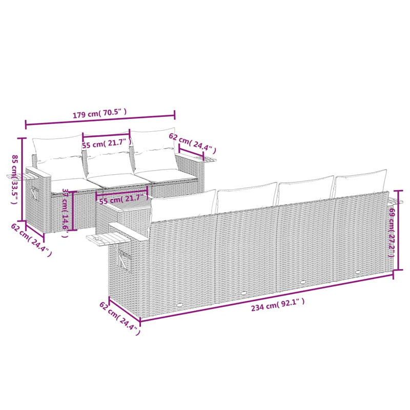 8-tlg. Garten-Sofagarnitur mit Kissen Grau Poly Rattan