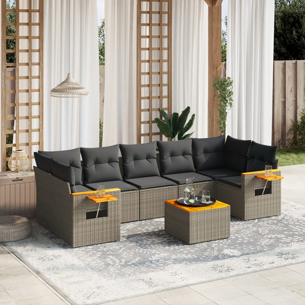 8-tlg. Garten-Sofagarnitur mit Kissen Grau Poly Rattan