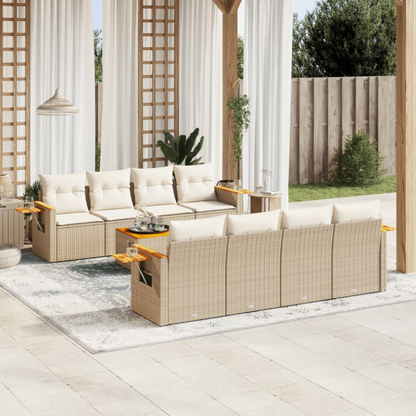 9-tlg. Garten-Sofagarnitur mit Kissen Beige Poly Rattan