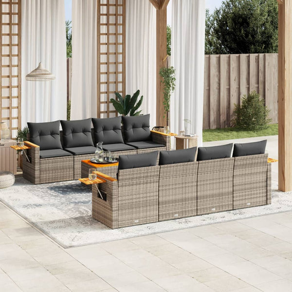 9-tlg. Garten-Sofagarnitur mit Kissen Grau Poly Rattan