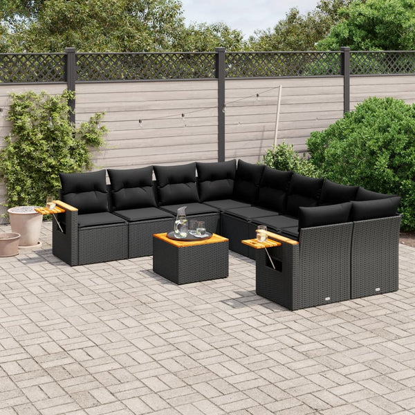 9-tlg. Garten-Sofagarnitur mit Kissen Schwarz Poly Rattan