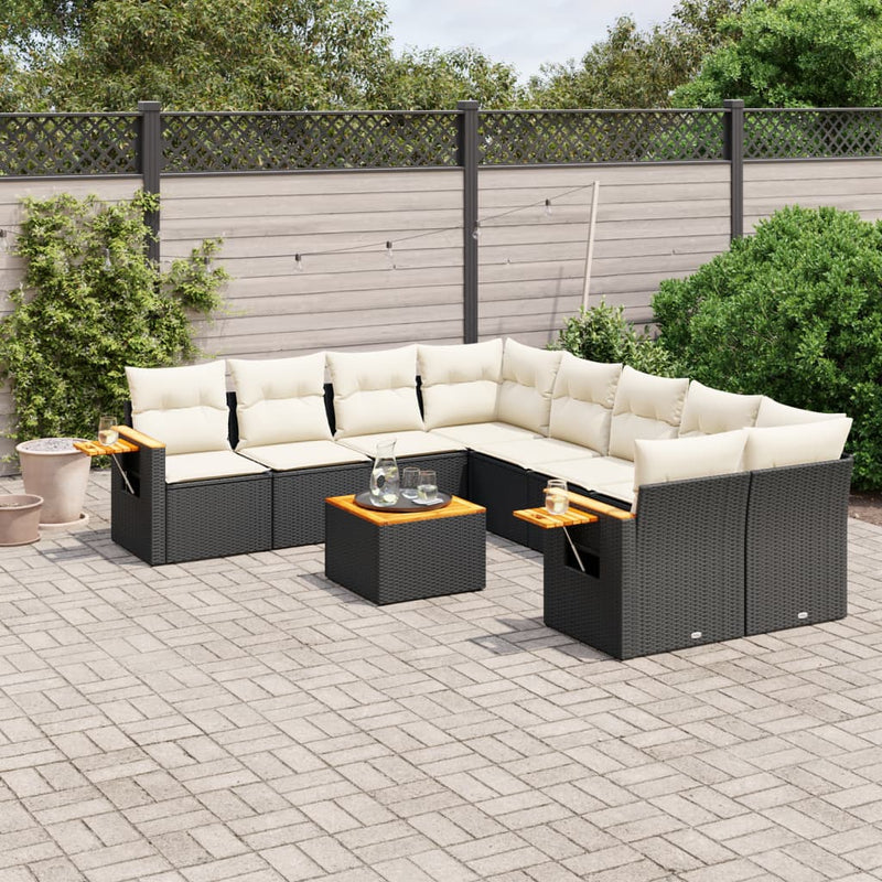 9-tlg. Garten-Sofagarnitur mit Kissen Schwarz Poly Rattan