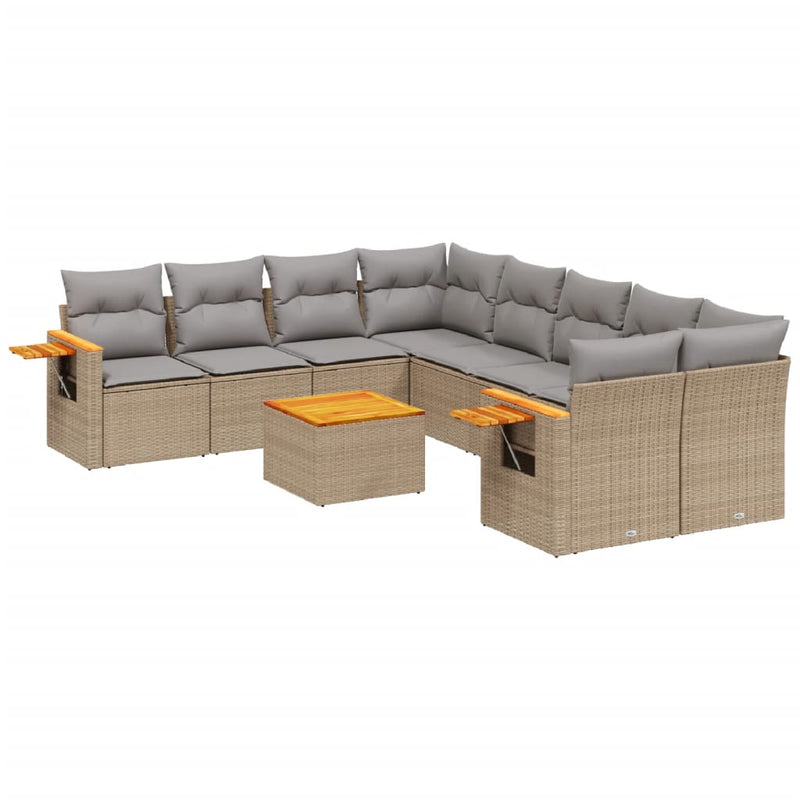 9-tlg. Garten-Sofagarnitur mit Kissen Beige Poly Rattan