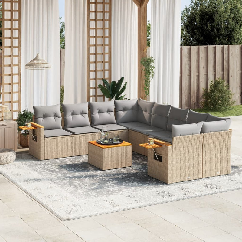 9-tlg. Garten-Sofagarnitur mit Kissen Beige Poly Rattan