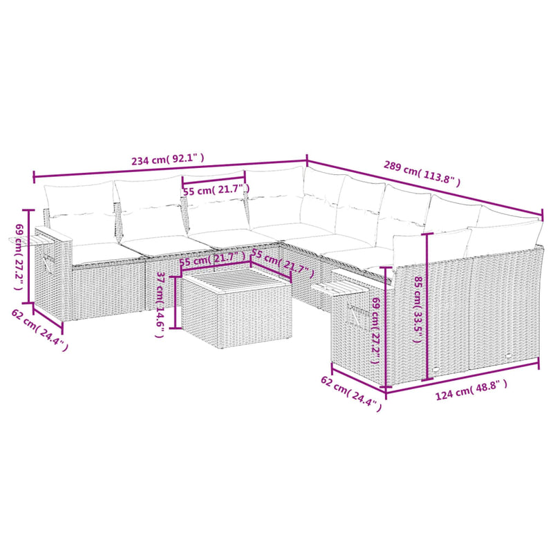 9-tlg. Garten-Sofagarnitur mit Kissen Grau Poly Rattan