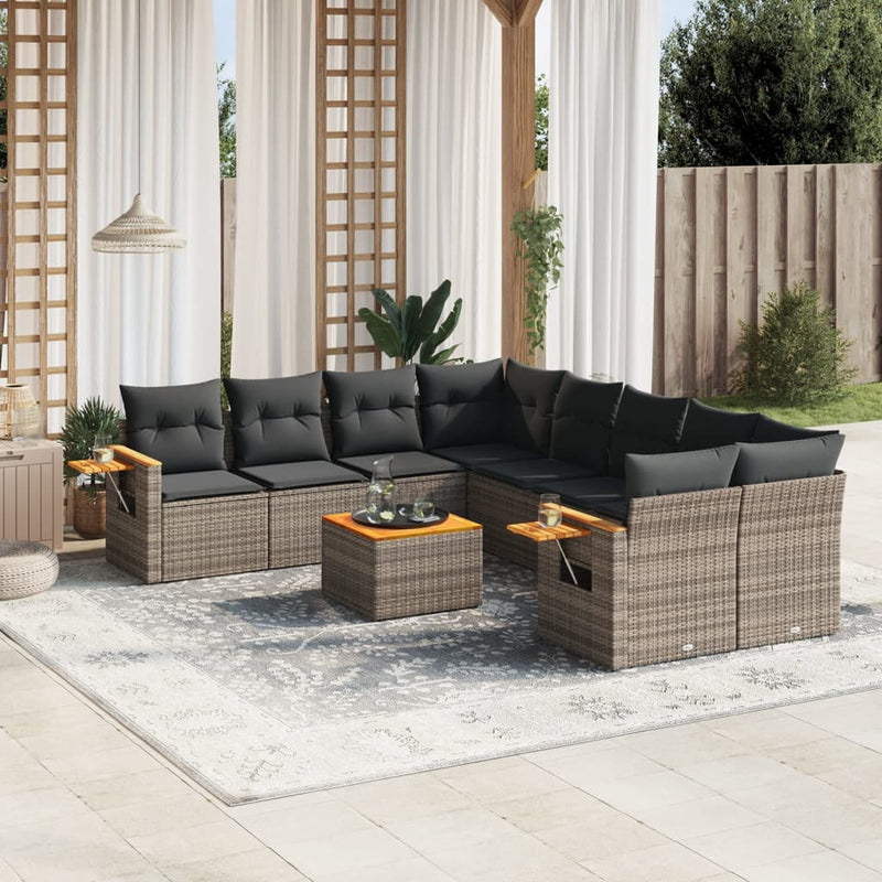 9-tlg. Garten-Sofagarnitur mit Kissen Grau Poly Rattan