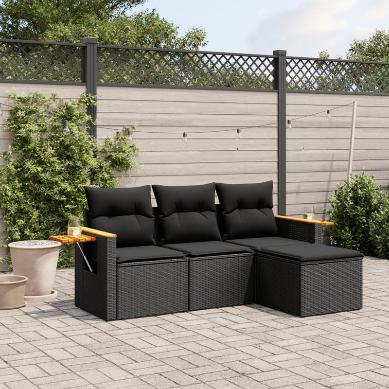 4-tlg. Garten-Sofagarnitur mit Kissen Schwarz Poly Rattan