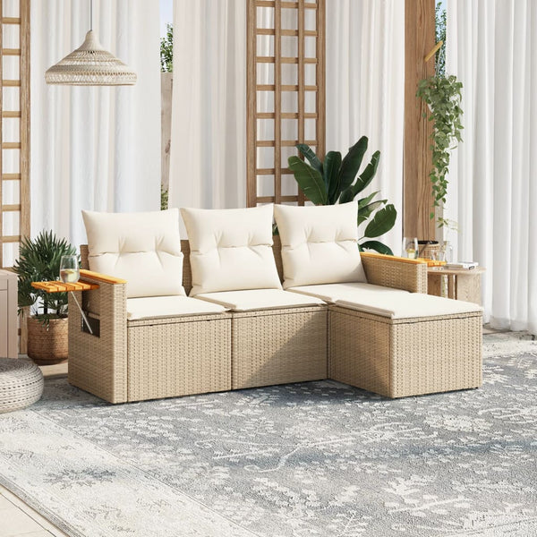 4-tlg. Garten-Sofagarnitur mit Kissen Beige Poly Rattan