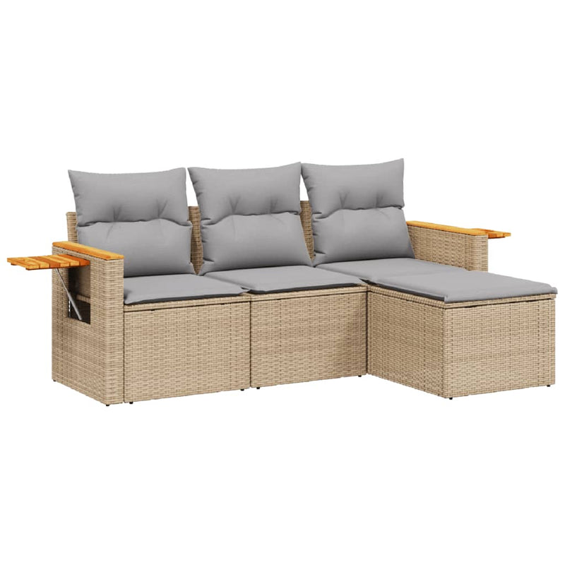 4-tlg. Garten-Sofagarnitur mit Kissen Beige Poly Rattan