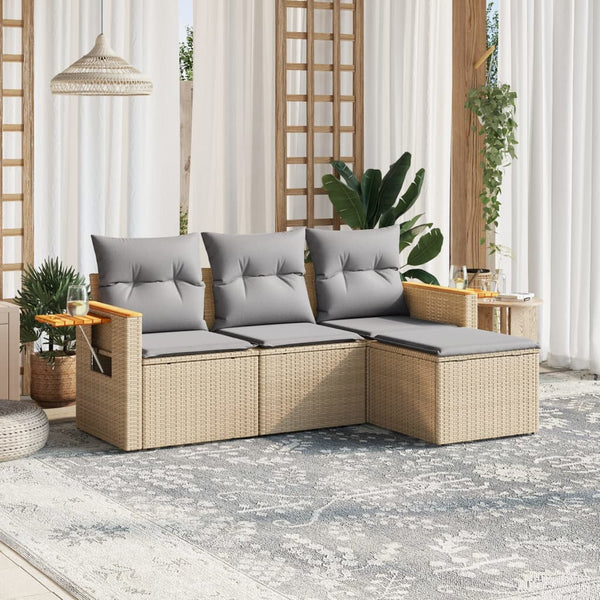 4-tlg. Garten-Sofagarnitur mit Kissen Beige Poly Rattan