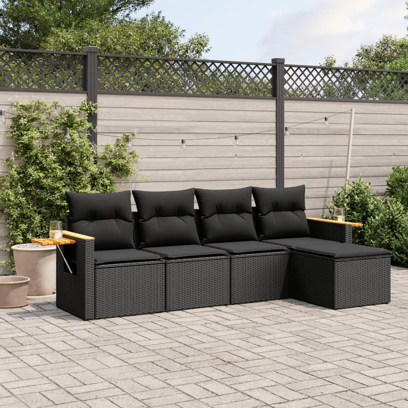 5-tlg. Garten-Sofagarnitur mit Kissen Schwarz Poly Rattan