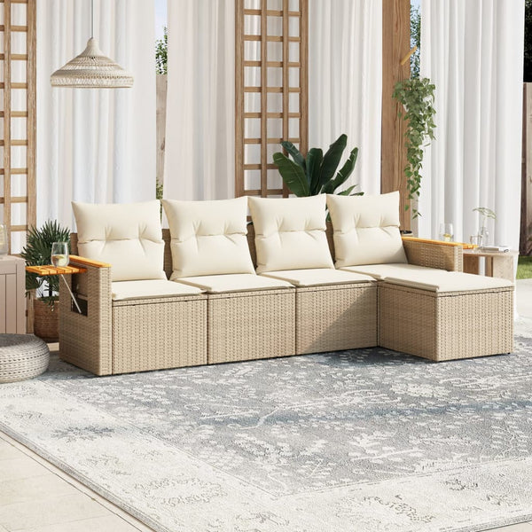 5-tlg. Garten-Sofagarnitur mit Kissen Beige Poly Rattan